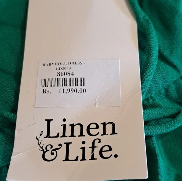 Linen & Life Green Linen Babydoll Mini Dress Size 10 Bow Straps Tropical Luxury - Picture 4 of 9